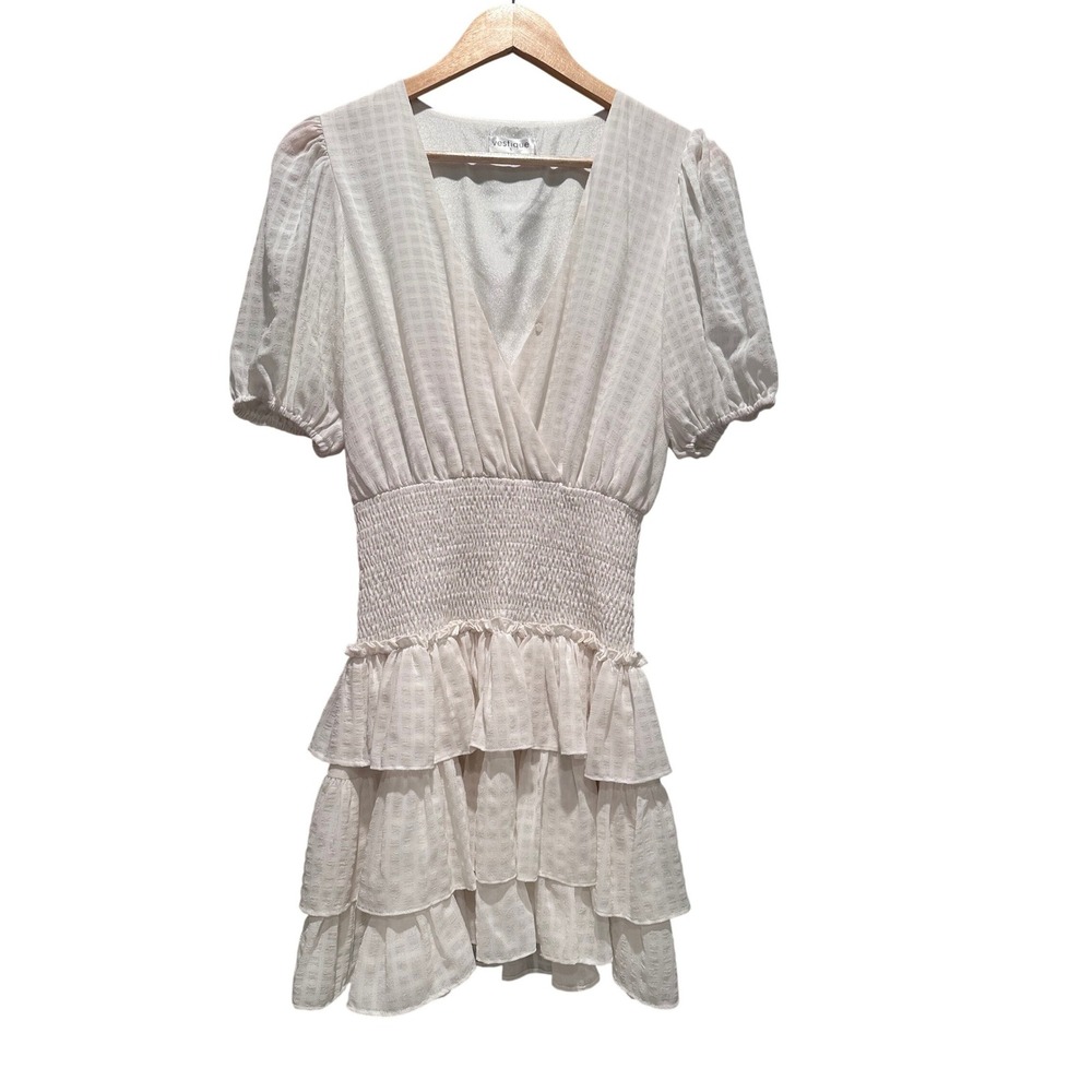 Vestique White V-Neck Tiered Mini Dress Size Small Babydoll Bridal Beach